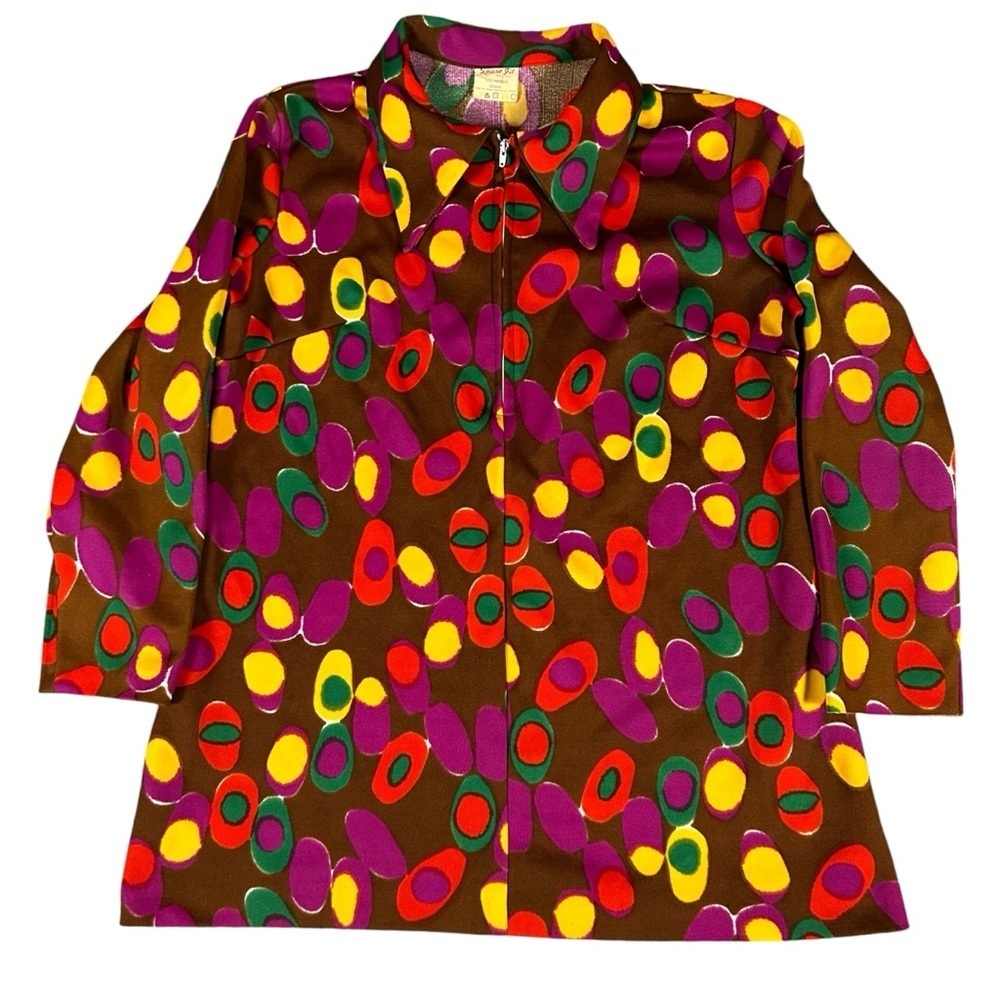 Vintage Smart Fit Canada Women's Multi-Colour Full Zip Polyester Blouse Brown